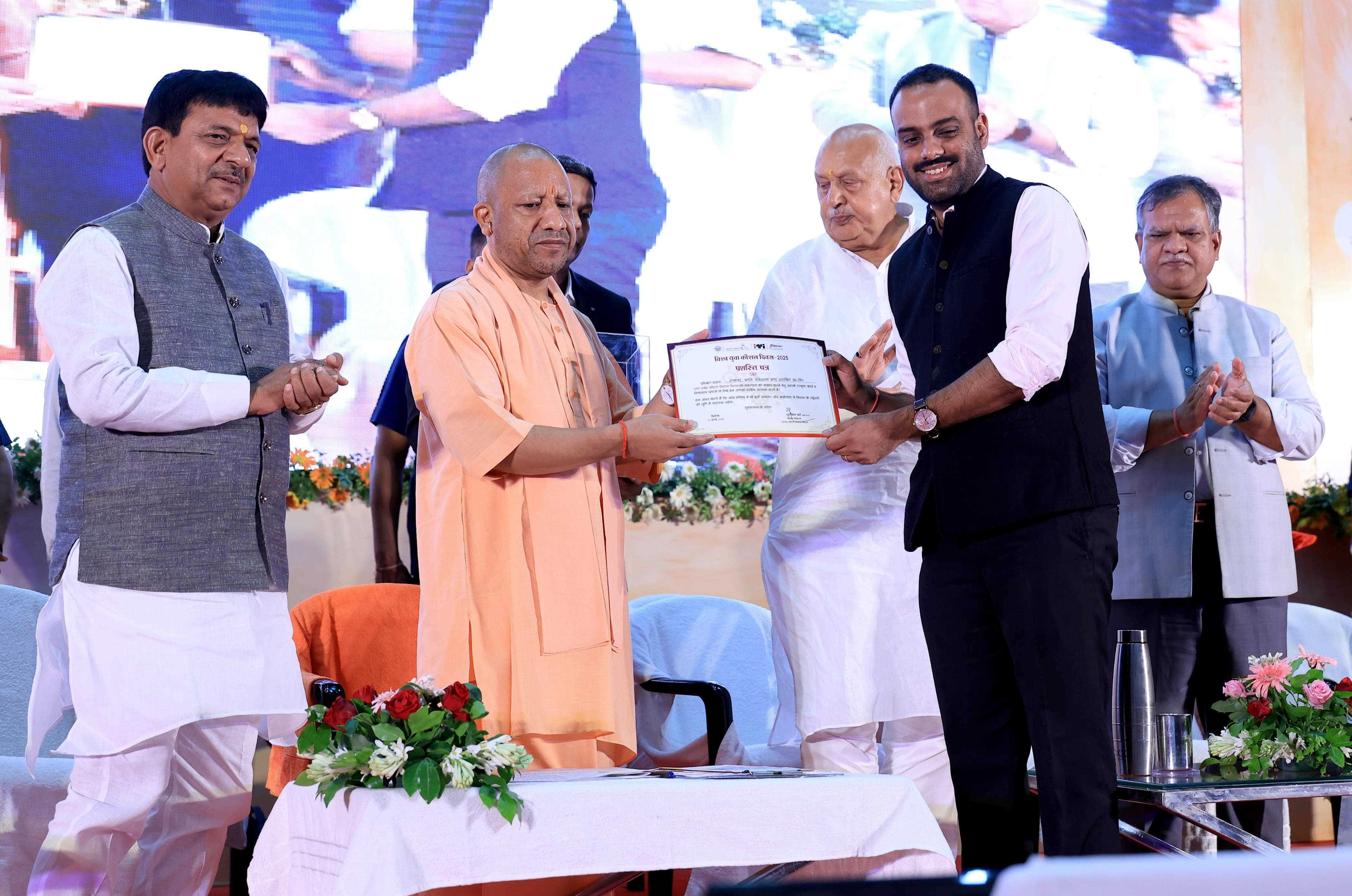 Hon'ble Chief Minister Yogi Adityanath ji felicitating the beneficiaries who received training from Uttar Pradesh Skill Development Mission on the occasion of World Youth Skills Day at Indira Gandhi Pratishthan, Gomti Nagar, Lucknow on July 15, 2025.